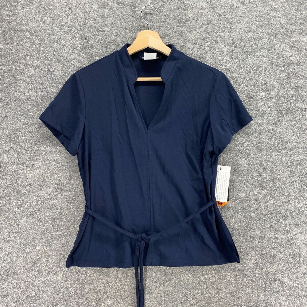 New John Roberts Blouse Women 14P Petite Blue Collared Short Sleeve Tasseled
